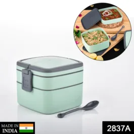 2837A GREEN DOUBLE-LAYER PORTABLE LUNCH BOX STACKABLE WITH CARRYING HANDLE AND SPOON LUNCH BOX