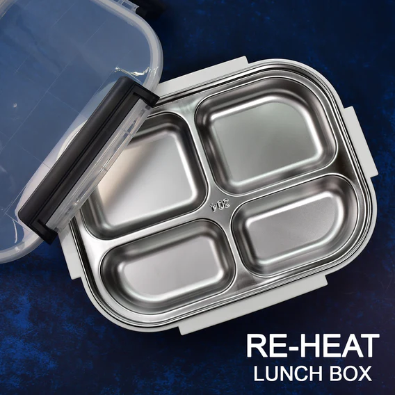 2043 White Transparent 4 Compartment Lunch Box for Kids and adults, Stainless Steel Lunch Box with 4 Compartments. - Image 2