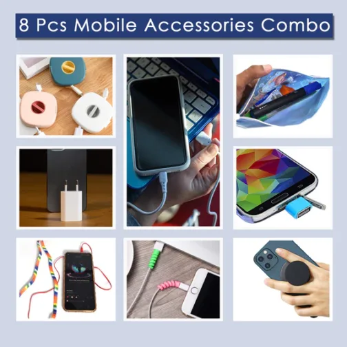 6218 8Pcs Mobile Accessories Combo In Zip Printed Pouch Bag - Image 9