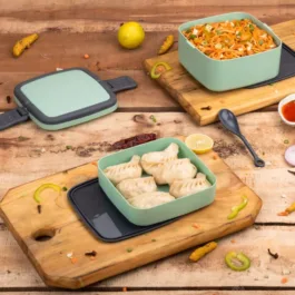 2837A GREEN DOUBLE-LAYER PORTABLE LUNCH BOX STACKABLE WITH CARRYING HANDLE AND SPOON LUNCH BOX