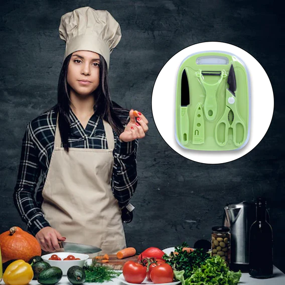 2847 2 Pieces Knife with Chopping Board with Peeler, Grater | Vegetable Cutting Kitchen Accessories Items (5 pcs Set) - Image 6