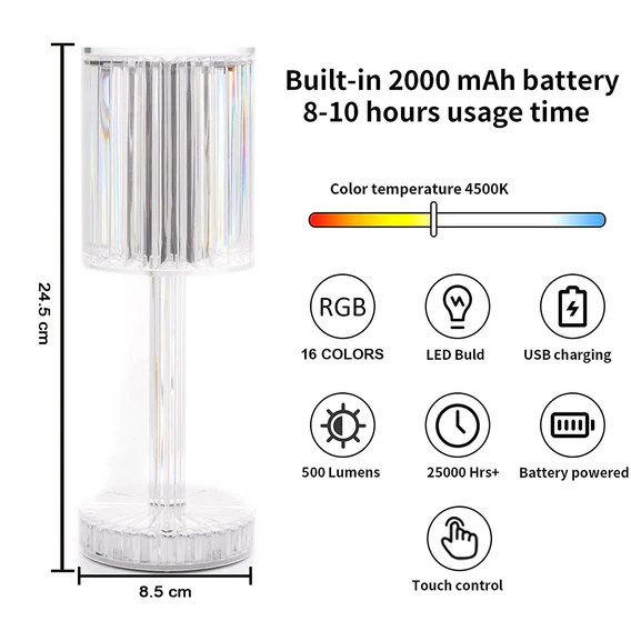6605 Crystal Table Lamp , Touch Control Atmosphere Nightstand Lamp With USB Charging Line - Image 6
