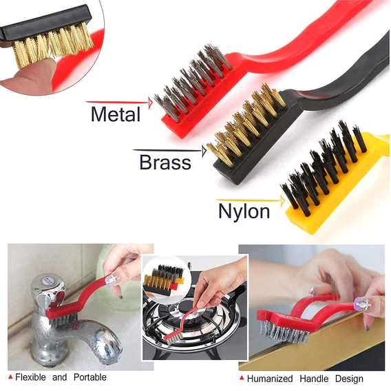 2166 3pc  Mini Wire Brush Set Brass Nylon Stainless Steel Bristles Household Cleaning Brush for Gas Stove, Smoke Machine Tool Burner Tiles Tap Rust Removal Welding Slag Dirt & Paint Scrubbing. - Image 6