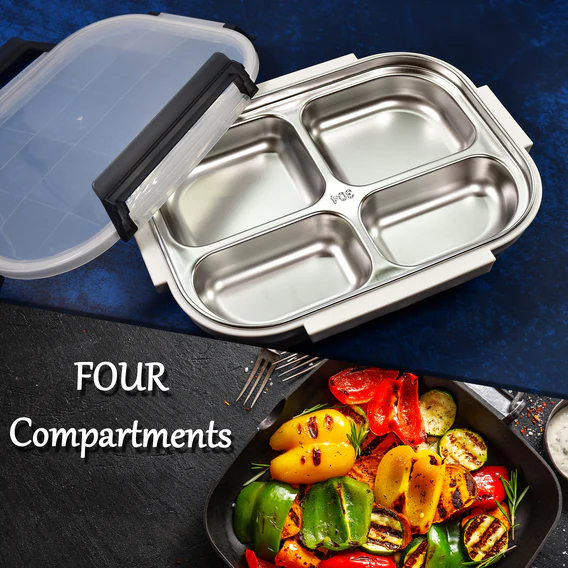 2043 White Transparent 4 Compartment Lunch Box for Kids and adults, Stainless Steel Lunch Box with 4 Compartments. - Image 3