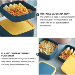 2838A BLUE DOUBLE-LAYER PORTABLE LUNCH BOX STACKABLE WITH CARRYING HANDLE AND SPOON LUNCH BOX