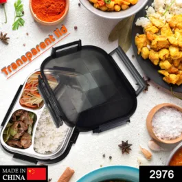 2976 Black Transparent Lunch Box for Kids and adults, Stainless Steel Lunch Box with 3 Compartments.
