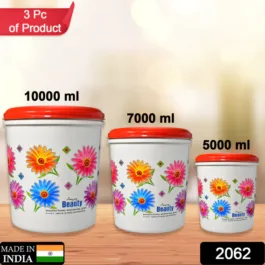 2062 Kitchen Airtight & Food Grade Plastic Floral Design Grocery Storage Container/Jar. Set of 3pcs – 5000ML, 7000ML, 10000ML