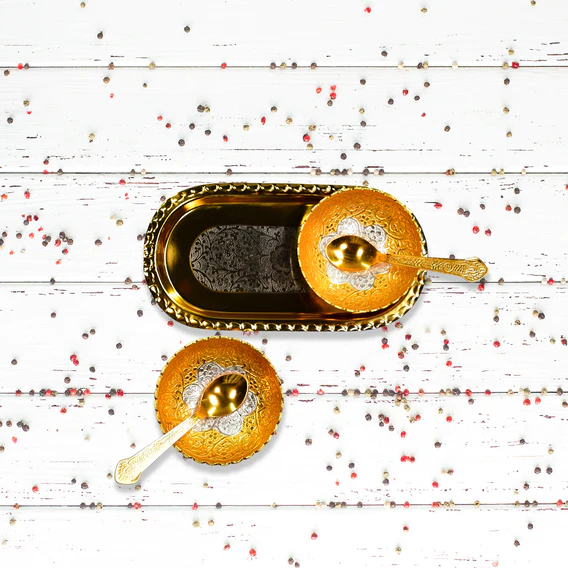 2947 Gold Silver Plated 2 Bowl 2 Spoon Tray Set Brass with Red Velvet Gift Box Serving Dry Fruits Desserts Gift - Image 6