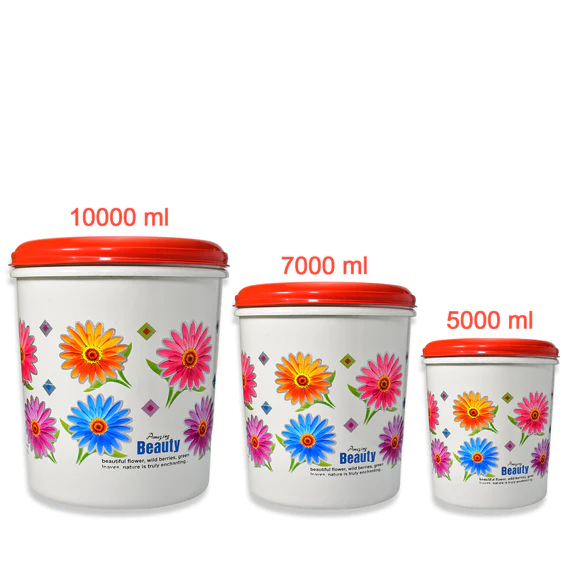 2062 Kitchen Airtight & Food Grade Plastic Floral Design Grocery Storage Container/Jar. Set of 3pcs - 5000ML, 7000ML, 10000ML - Image 5