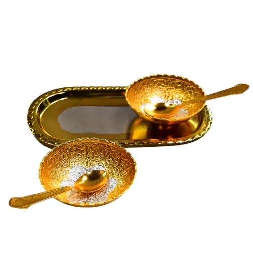 2947 Gold Silver Plated 2 Bowl 2 Spoon Tray Set Brass with Red Velvet Gift Box Serving Dry Fruits Desserts Gift - Image 3