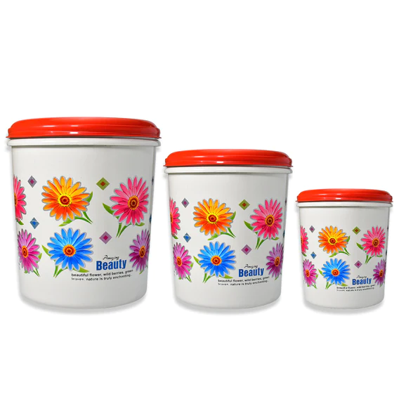 2062 Kitchen Airtight & Food Grade Plastic Floral Design Grocery Storage Container/Jar. Set of 3pcs - 5000ML, 7000ML, 10000ML - Image 2