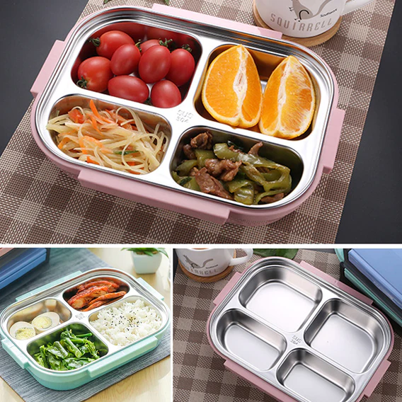 2979 Black Transparent 4 Compartment Lunch Box for Kids and adults, Stainless Steel Lunch Box with 4 Compartments. - Image 2