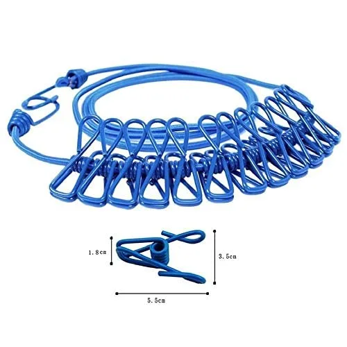 JB01 Travel Elastic Clothesline Laundry Line Camping Clothes Lines Adjustable Clothes Rope with 12pcs Clothespins Portable Clothesline with Clips for Outdoor Indoor Wind-Proof Clothesline - Image 8