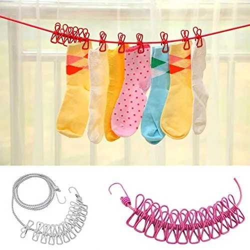 JB01 Travel Elastic Clothesline Laundry Line Camping Clothes Lines Adjustable Clothes Rope with 12pcs Clothespins Portable Clothesline with Clips for Outdoor Indoor Wind-Proof Clothesline - Image 6