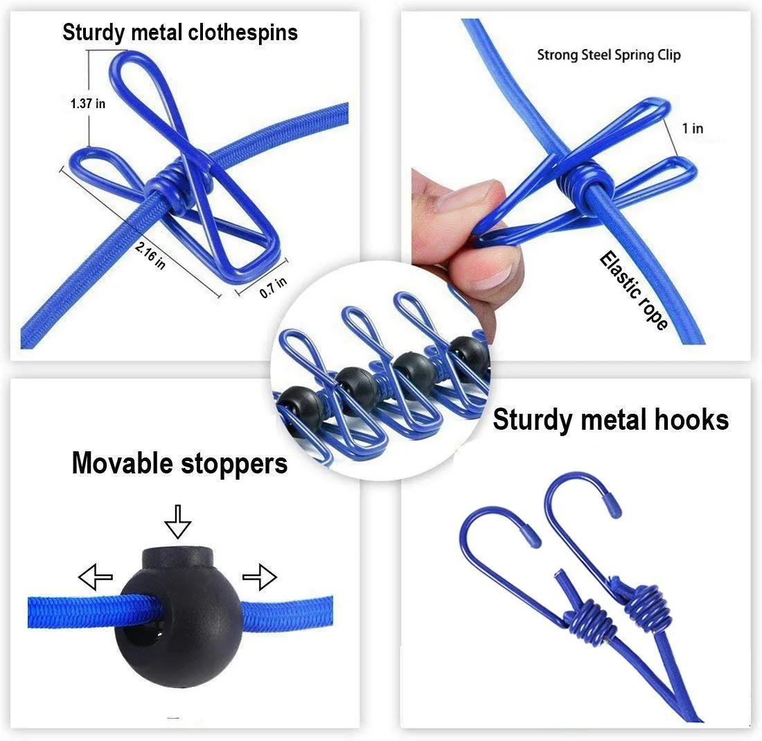 JB01 Travel Elastic Clothesline Laundry Line Camping Clothes Lines Adjustable Clothes Rope with 12pcs Clothespins Portable Clothesline with Clips for Outdoor Indoor Wind-Proof Clothesline - Image 4