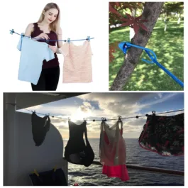 JB01 Travel Elastic Clothesline Laundry Line Camping Clothes Lines Adjustable Clothes Rope with 12pcs Clothespins Portable Clothesline with Clips for Outdoor Indoor Wind-Proof Clothesline