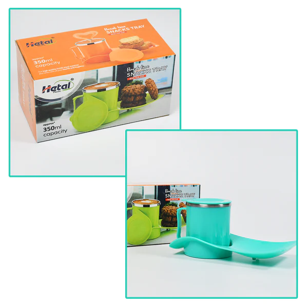 2851 Snacks Tray & Inside Steel Cup 350ml Break Time Tray For Kids & Home Use - Image 3