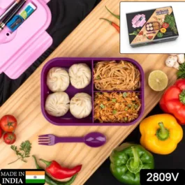 2809V LUNCH BOX 3 COMPARTMENT PLASTIC LINER LUNCH CONTAINER, PORTABLE TABLEWARE SET FOR OFFICE , SCHOOL & HOME USE