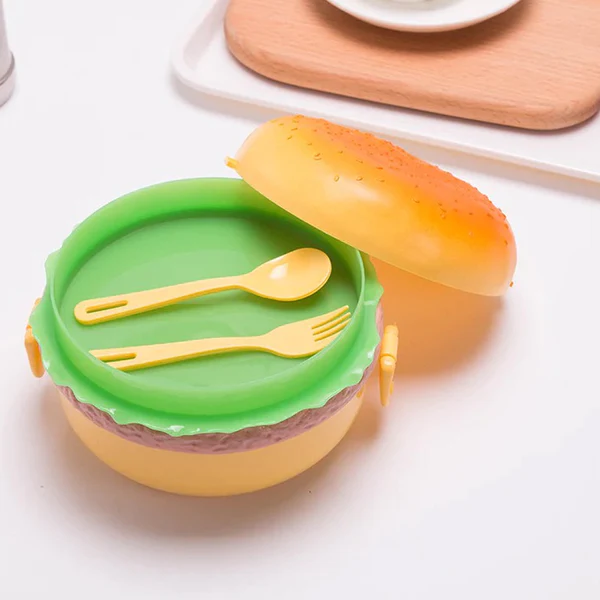 171 Burger Shape Lunch Box Plastic Lunch Box Food Container Sets Double Layer Lunchbox 1000ml With 2 Spoon Applicable to Kids and Elementary School Students - Image 4