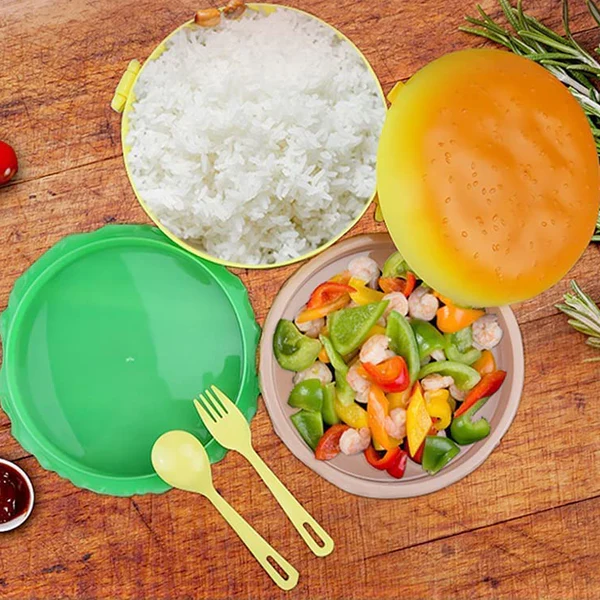 171 Burger Shape Lunch Box Plastic Lunch Box Food Container Sets Double Layer Lunchbox 1000ml With 2 Spoon Applicable to Kids and Elementary School Students - Image 6