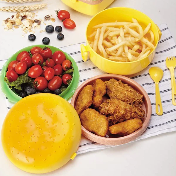 171 Burger Shape Lunch Box Plastic Lunch Box Food Container Sets Double Layer Lunchbox 1000ml With 2 Spoon Applicable to Kids and Elementary School Students - Image 7