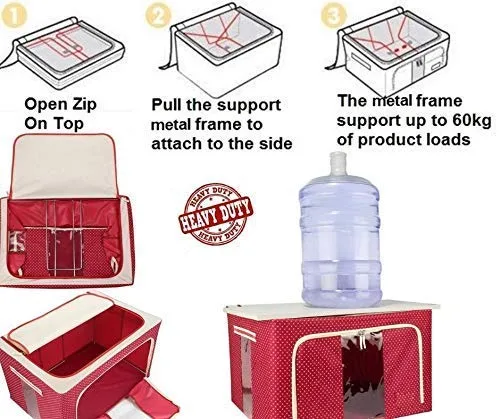 66 LTR Foldable Steel Frame Cloths Zip Organizer Bag and Oxford Fabric Storage Living Coveres For Wardrobe Shelves Clothes, Sarees, Bed Sheet, Blanket Blue & Red Dot , PACK OF (1) - Image 4