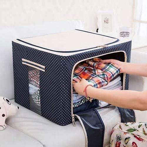 66 LTR Foldable Steel Frame Cloths Zip Organizer Bag and Oxford Fabric Storage Living Coveres For Wardrobe Shelves Clothes, Sarees, Bed Sheet, Blanket Blue & Red Dot , PACK OF (1) - Image 2