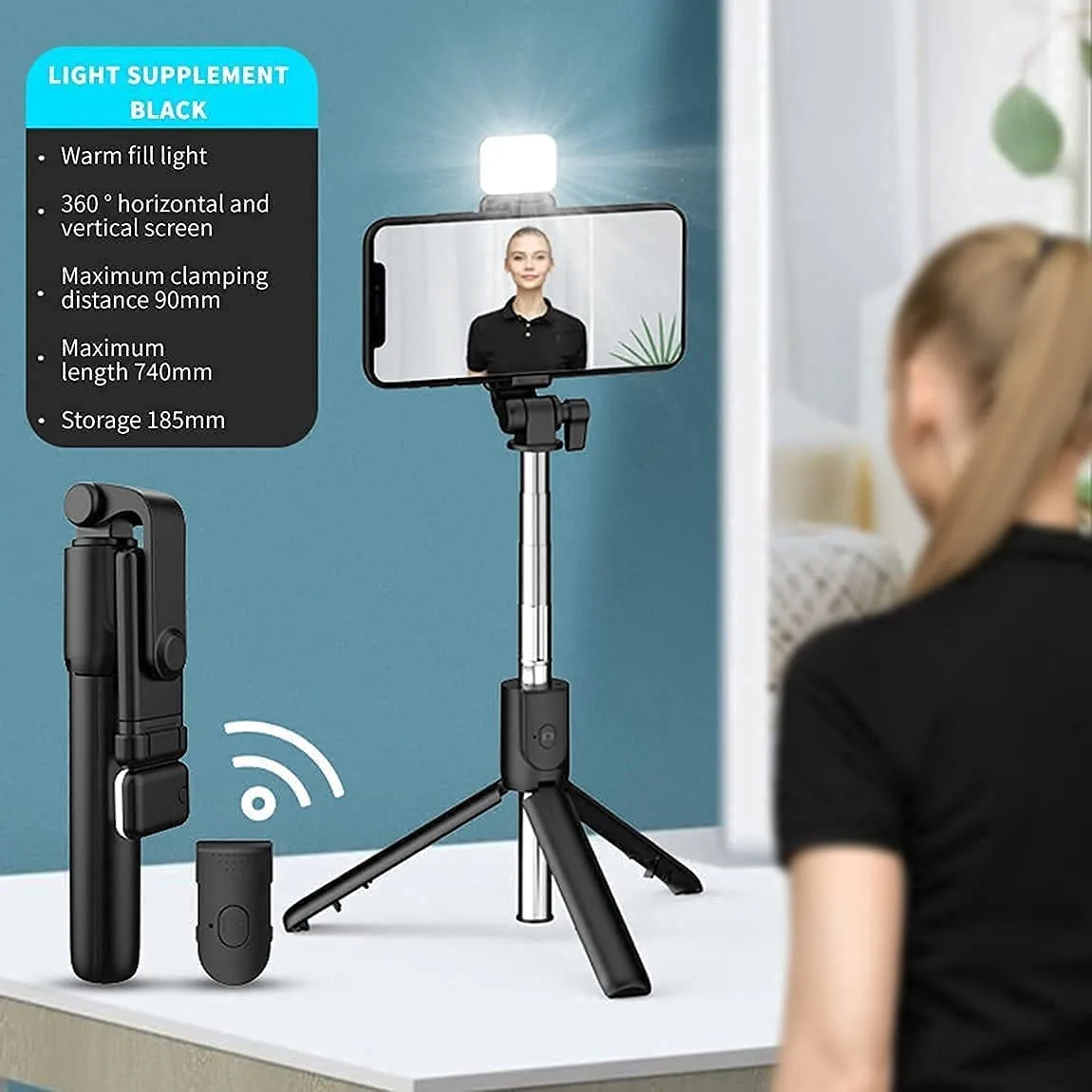 BM01 R1s Bluetooth Selfie Sticks with Remote and Selfie Light, 3-in-1 Multifunctional Selfie Stick Tripod Stand Compatible with iPhone/OnePlus/Samsung/Realme & All Smartphones/Go Pro (Black) - Image 2