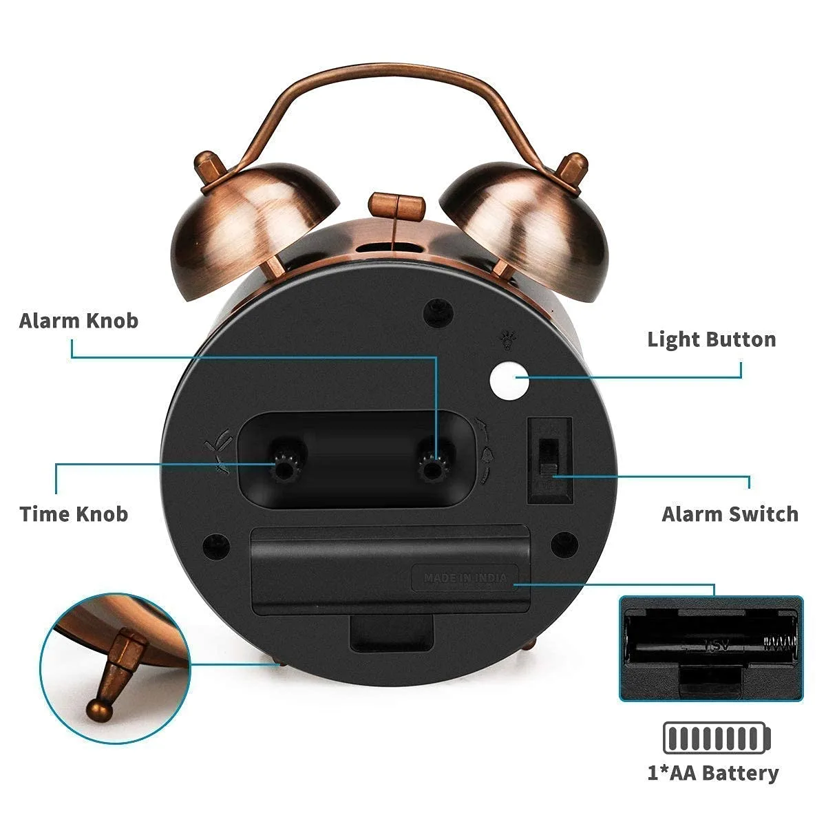 BZ08 Table Alarm Clock Vintage Look Twin Bell with Night LED Display and Loud Sound Alarm Voice Clocks for Student Kids Bedroom (Copper) - Image 8