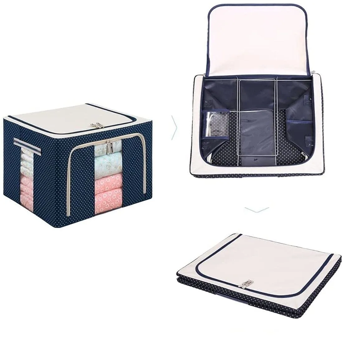 66 LTR Foldable Steel Frame Cloths Zip Organizer Bag and Oxford Fabric Storage Living Coveres For Wardrobe Shelves Clothes, Sarees, Bed Sheet, Blanket Blue & Red Dot , PACK OF (1) - Image 3