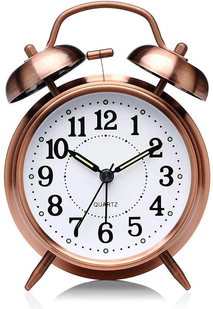 BZ08 Table Alarm Clock Vintage Look Twin Bell with Night LED Display and Loud Sound Alarm Voice Clocks for Student Kids Bedroom (Copper)