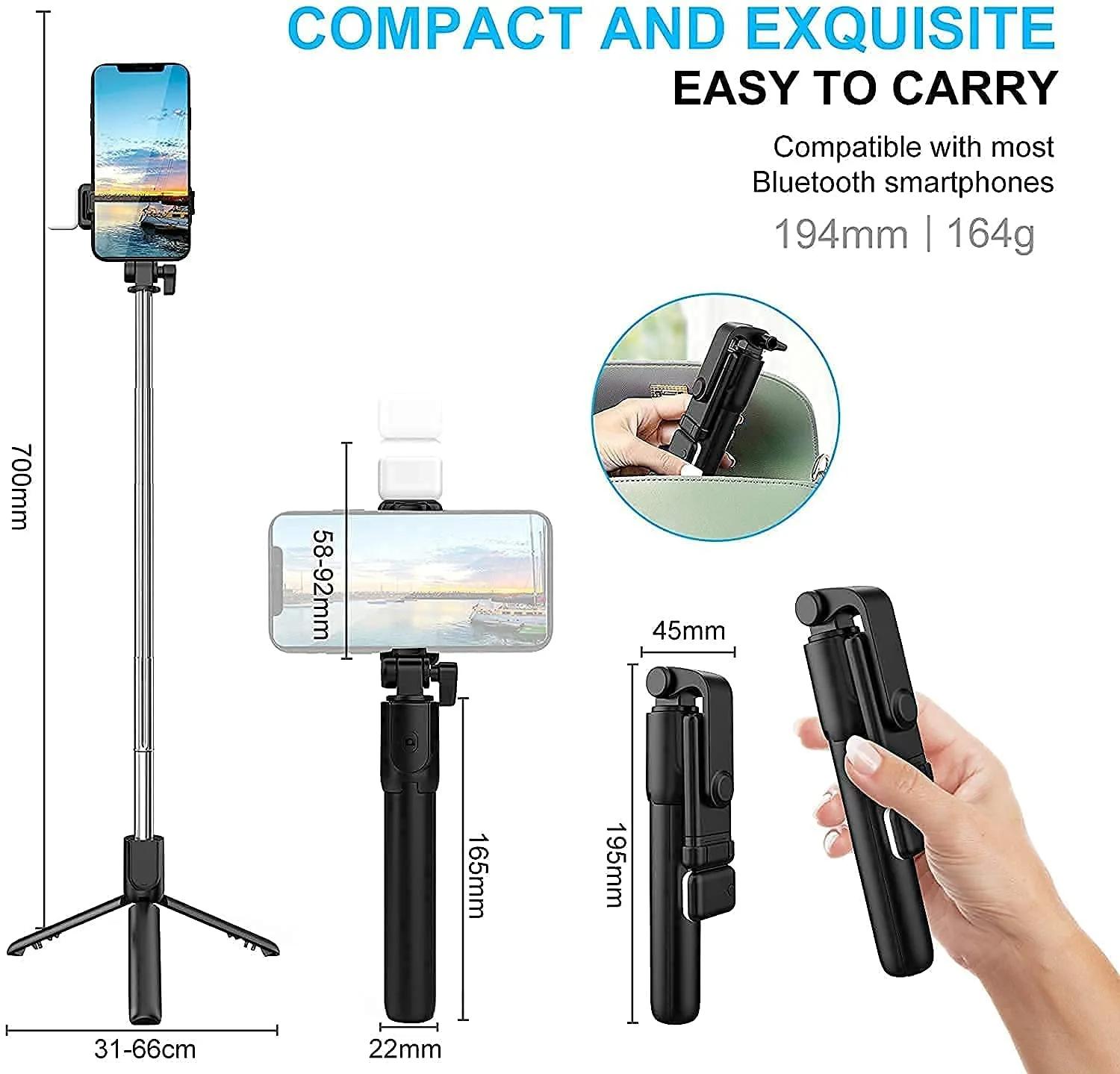 BM01 R1s Bluetooth Selfie Sticks with Remote and Selfie Light, 3-in-1 Multifunctional Selfie Stick Tripod Stand Compatible with iPhone/OnePlus/Samsung/Realme & All Smartphones/Go Pro (Black) - Image 5