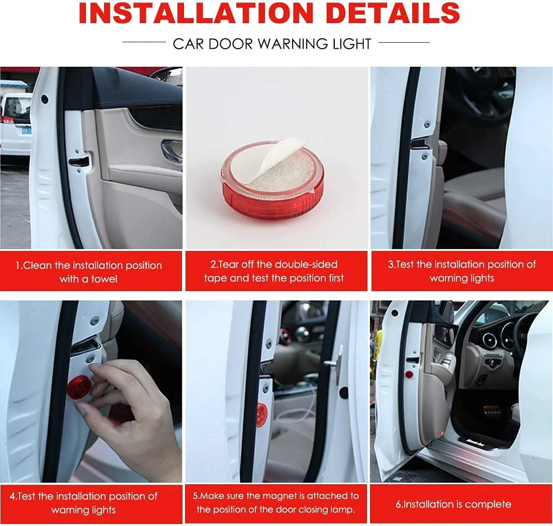 BZ21 Waterproof 5 LED Wireless Car Door Warning Open Lights Indicator Decor Interior Flash Magnetic car led Lights for Anti Rear-End(RED) Free Batteries - Image 4