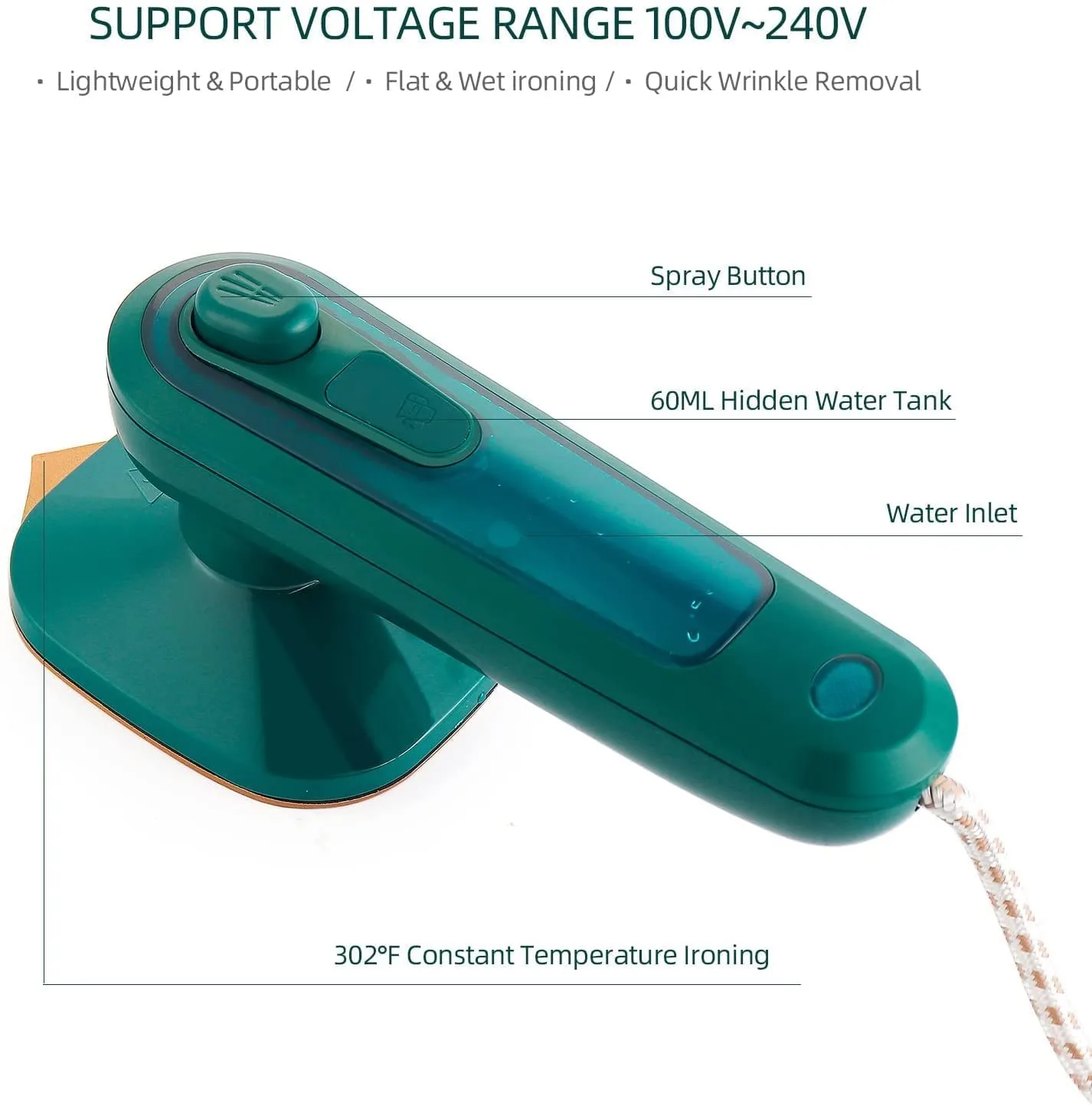 RJ01 Portable Iron Variable Temperature Mini Electrical Steam Iron, Fabric Garment Steam Press Compact & Lightweight Hanging Ironing Wrinkles Removing Lightweight Steamer(Color May Vary) - Image 6