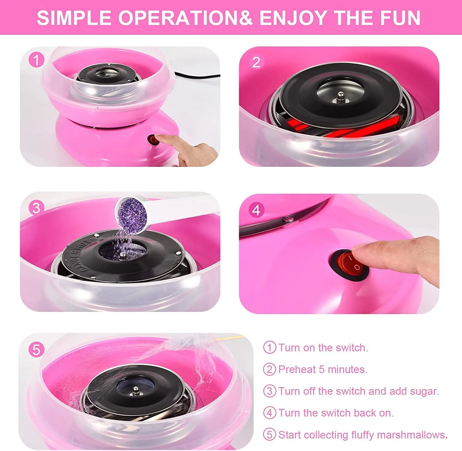 CS11 Cotton Candy Machine, Candy Floss Machine with Detachable Splash Guard + 10 Bamboo Sticks + Sugar Spoon, Electric Smooth Cotton Candy Maker - Image 8