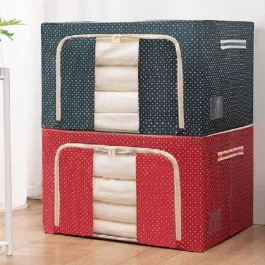 66 LTR Foldable Steel Frame Cloths Zip Organizer Bag and Oxford Fabric Storage Living Coveres For Wardrobe Shelves Clothes, Sarees, Bed Sheet, Blanket Blue & Red Dot , PACK OF (1)