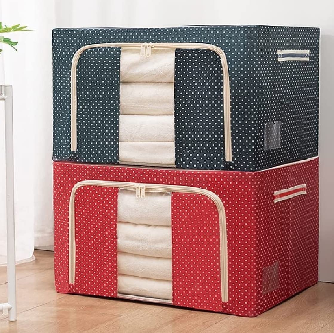 66 LTR Foldable Steel Frame Cloths Zip Organizer Bag and Oxford Fabric Storage Living Coveres For Wardrobe Shelves Clothes, Sarees, Bed Sheet, Blanket Blue & Red Dot , PACK OF (1)