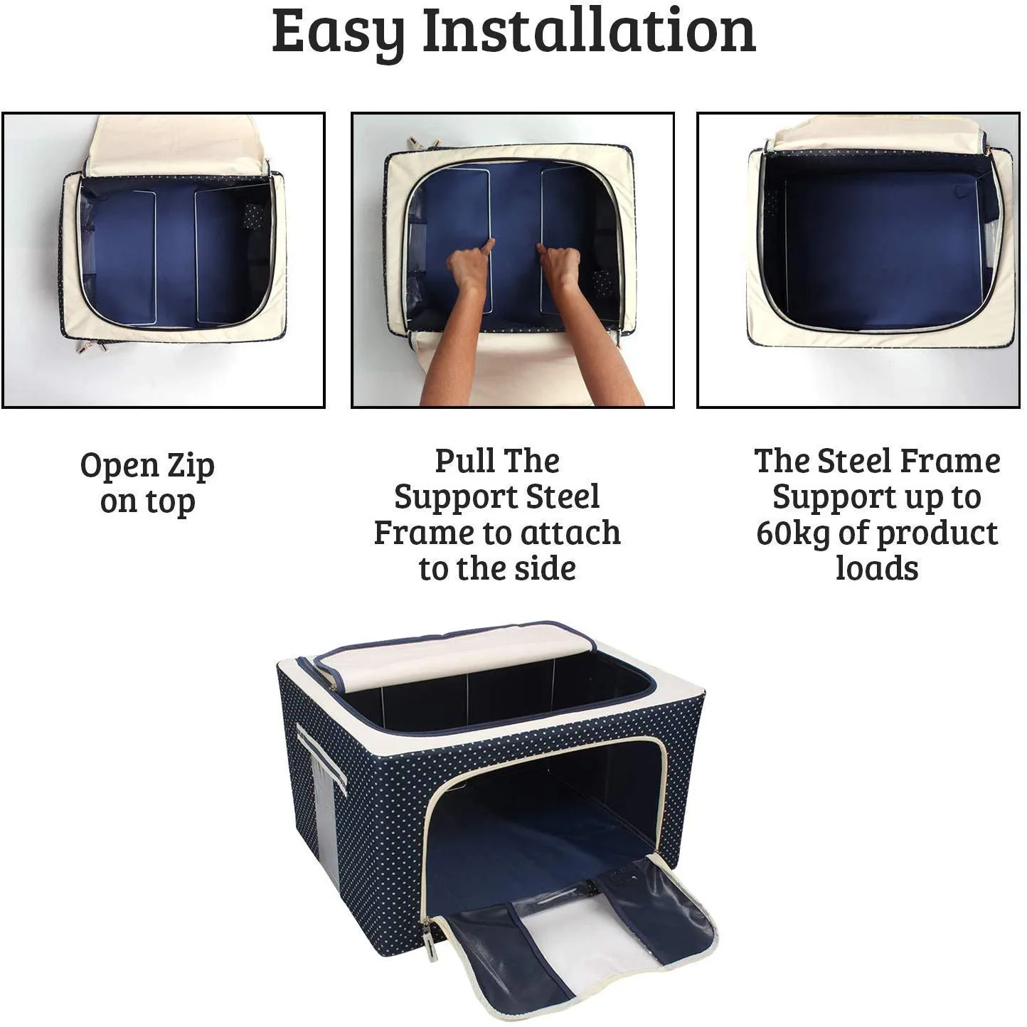 66 LTR Foldable Steel Frame Cloths Zip Organizer Bag and Oxford Fabric Storage Living Coveres For Wardrobe Shelves Clothes, Sarees, Bed Sheet, Blanket Blue & Red Dot , PACK OF (1) - Image 7