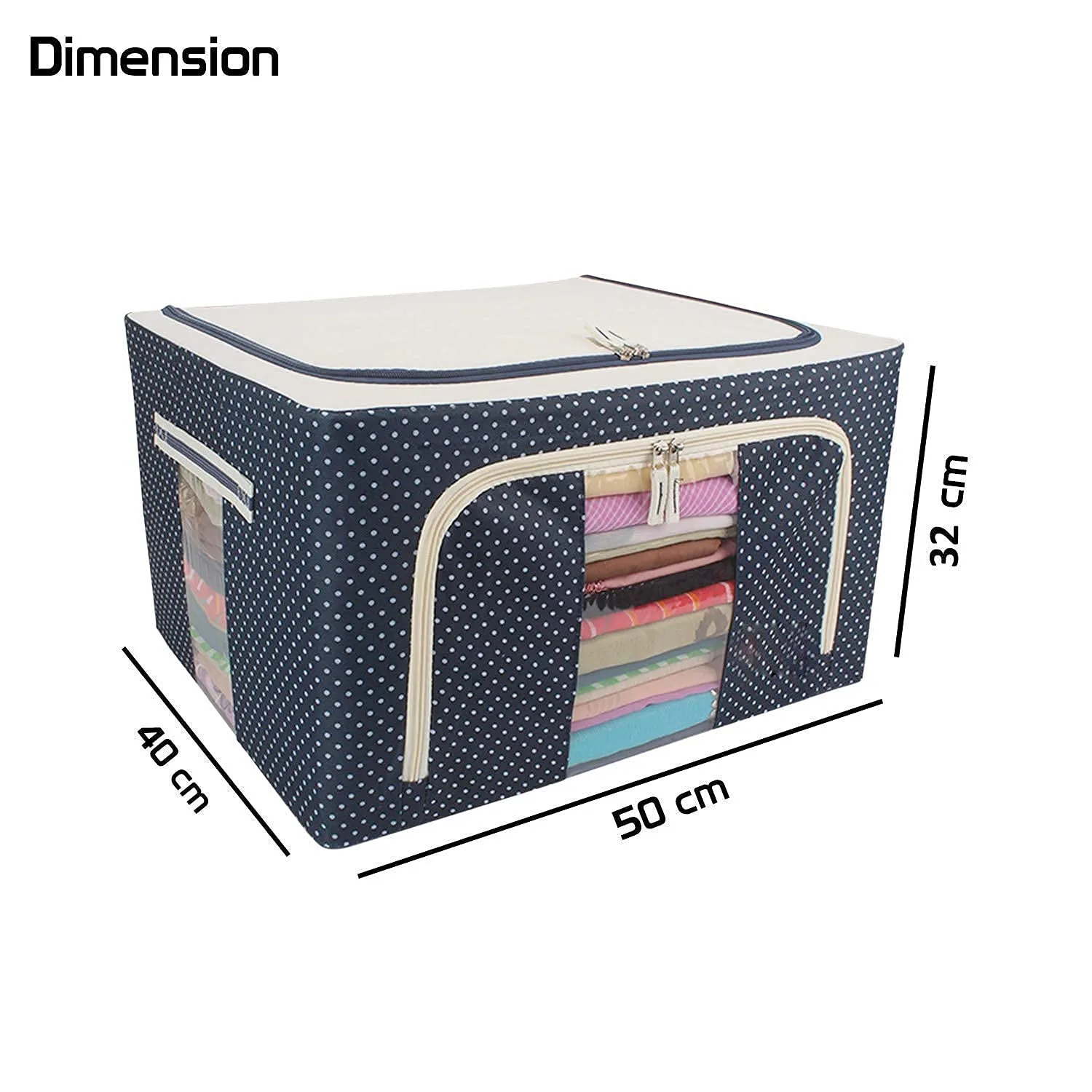 66 LTR Foldable Steel Frame Cloths Zip Organizer Bag and Oxford Fabric Storage Living Coveres For Wardrobe Shelves Clothes, Sarees, Bed Sheet, Blanket Blue & Red Dot , PACK OF (1) - Image 8