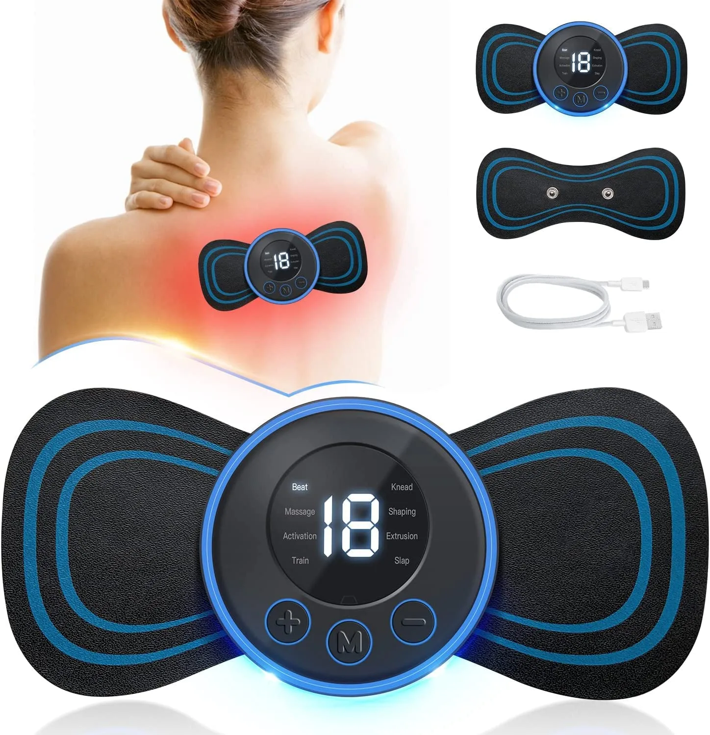 BZ16 Body Massager,Wireless Portable Neck Massager with 8 Modes and 19 Strength Levels Rechargeable Pain Relief EMS Massage Machine for Shoulder,Arms,Legs,Back Pain for Men and Women