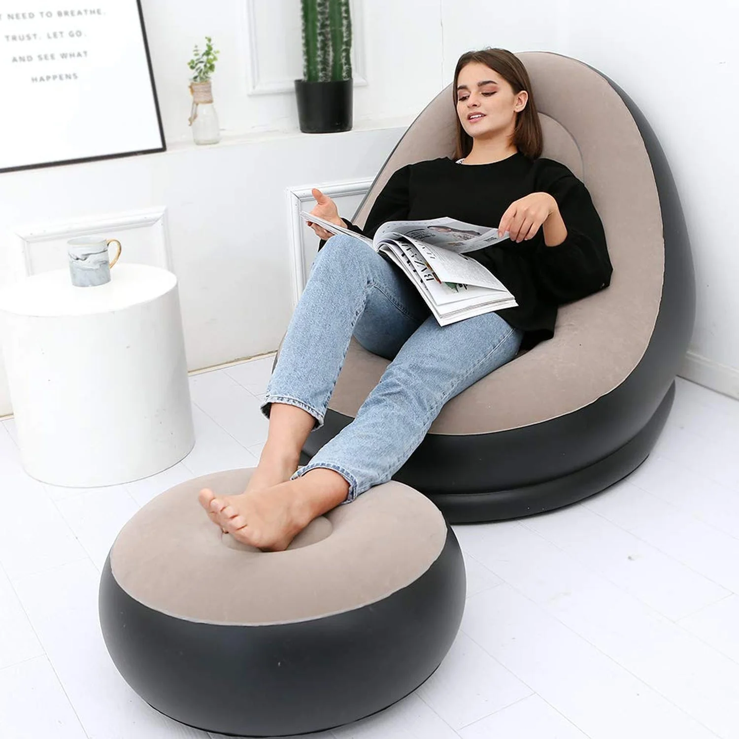 8062 INFLATABLE SOFA LOUNGE CHAIR OTTOMAN, BLOW UP CHAISE LOUNGE AIR SOFA, INDOOR FLOCKING LEISURE COUCH FOR HOME OFFICE REST, INFLATED RECLINERS PORTABLE DECK CHAIR FOR OUTDOOR TRAVEL CAMPING PICNIC.