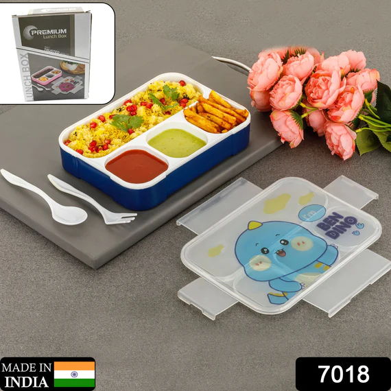 7018 CARTOON DESIGN PRINT 4 COMPARTMENT PLASTIC LUNCH BOX AIR TIGHT LUNCH BOX FOR OFFICE, BENTO BOX, LEAK-PROOF, MICROWAVE & DISHWASHER SAFE, PLASTIC LUNCH BOX FOR SCHOOL CHILD, TIFFIN BOX FOR ADULTS WITH FORK & SPOON