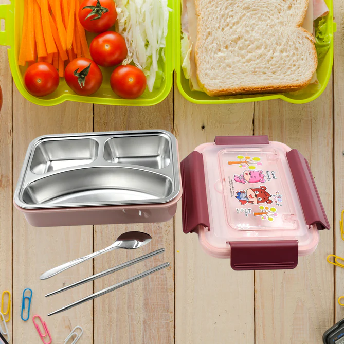 5954 FOOD‑SAFE MATERIALS KIDS LUNCH BOX WITH STEEL SPOON & CHOPSTICKS COMPARTMENT IS DESIGNED MADE OF 304 STAINLESS STEEL EASY TO CLEAN FOR SCHOOL FOR CAMPING FOR WORK FOR HOME, OFFICE - Image 3