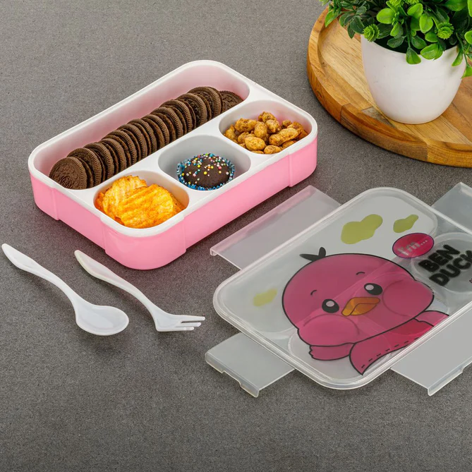 7018 CARTOON DESIGN PRINT 4 COMPARTMENT PLASTIC LUNCH BOX AIR TIGHT LUNCH BOX FOR OFFICE, BENTO BOX, LEAK-PROOF, MICROWAVE & DISHWASHER SAFE, PLASTIC LUNCH BOX FOR SCHOOL CHILD, TIFFIN BOX FOR ADULTS WITH FORK & SPOON - Image 3
