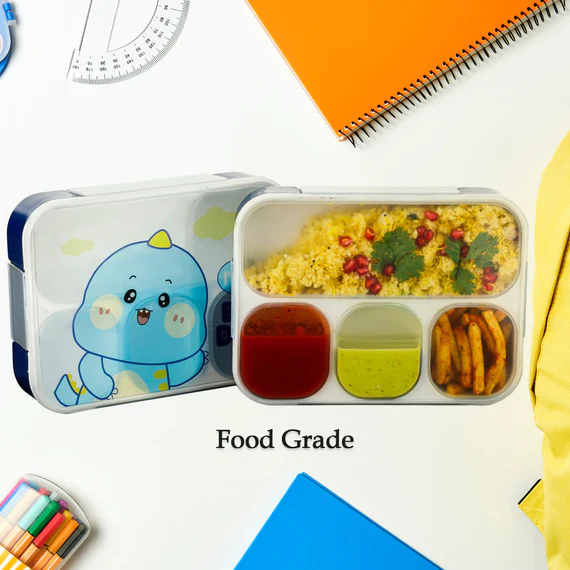 7018 CARTOON DESIGN PRINT 4 COMPARTMENT PLASTIC LUNCH BOX AIR TIGHT LUNCH BOX FOR OFFICE, BENTO BOX, LEAK-PROOF, MICROWAVE & DISHWASHER SAFE, PLASTIC LUNCH BOX FOR SCHOOL CHILD, TIFFIN BOX FOR ADULTS WITH FORK & SPOON - Image 2