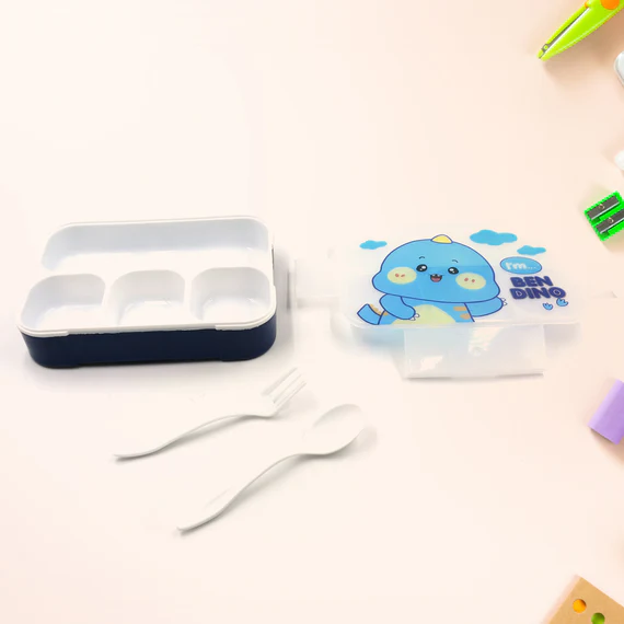 7018 CARTOON DESIGN PRINT 4 COMPARTMENT PLASTIC LUNCH BOX AIR TIGHT LUNCH BOX FOR OFFICE, BENTO BOX, LEAK-PROOF, MICROWAVE & DISHWASHER SAFE, PLASTIC LUNCH BOX FOR SCHOOL CHILD, TIFFIN BOX FOR ADULTS WITH FORK & SPOON - Image 6