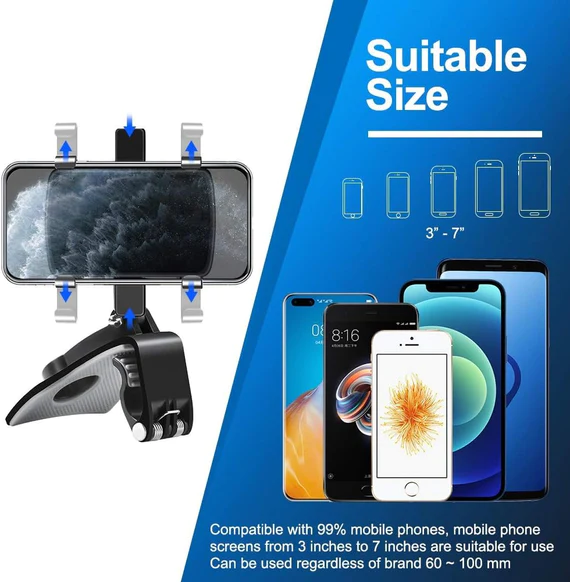 6948 CAR PHONE HOLDER CLIP MOUNT 360 DEGREE ROTATION DASHBOARD REAR VIEW MIRROR SUN VISOR SMARTPHONE HUD NAVIGATION FOLD STAND PLASTIC BLACK COMPATIBLE FOR ALL SMART PHONES - Image 7