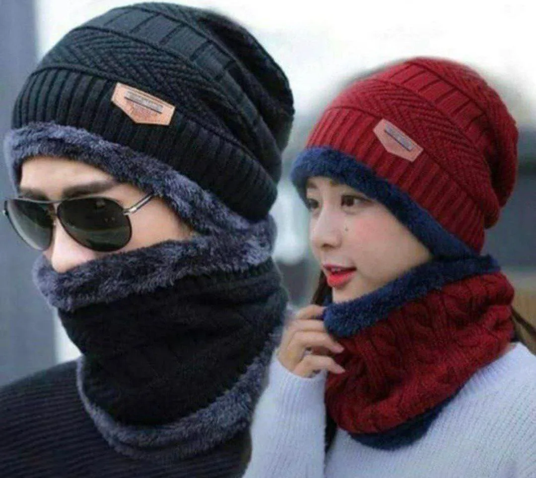 HC01  ULTRA SOFT UNISEX WOOLLEN BEANIE CAP PLUS MUFFLER SCARF