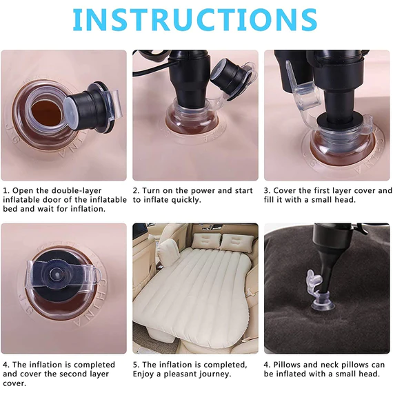 AM01 CAR INFLATABLE BED WITH 2 PILLOWS & AIR PUMP (PORTABLE) FOR TRAVEL, CAMPING, VACATION | POLYESTER INFLATABLE TRAVEL CAR BED AIR SOFA WITH TWO INFLATABLE PILLOW AND AIR PUMP FOR CAR BACK SEAT, AIR PUMP RANDOM COLOUR - Image 4