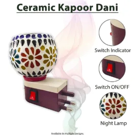 196 Electric Ceramic Multicolor Aroma Diffuser Kapoor Dani | Camphor Diffuser Incense Burner Holder Kapoor Dani with Night Lamp for Home, Office